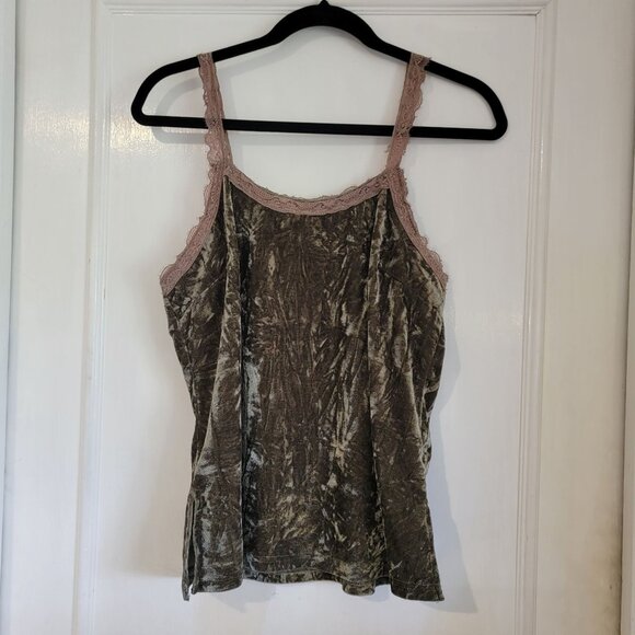 Y2K Camisole Tank Top Womens Large Spaghetti Crushed Velvet Lace Moss Green VTG - Picture 1 of 9